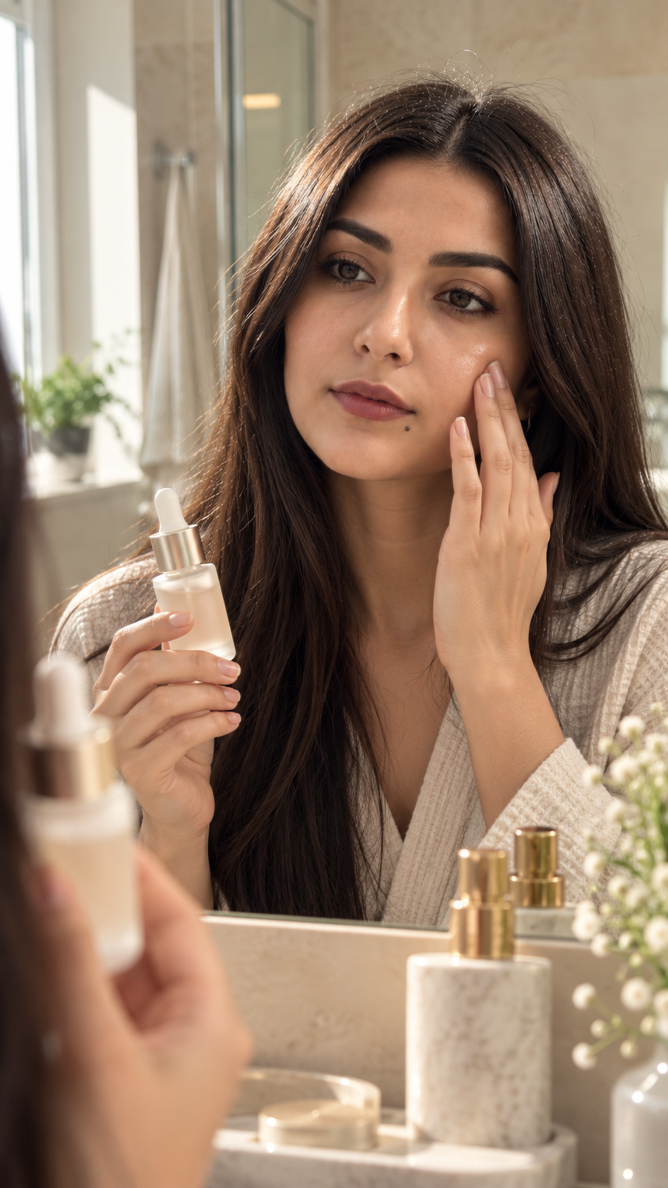 A woman applying serum in a marble bathroom, soft daylight from a window.