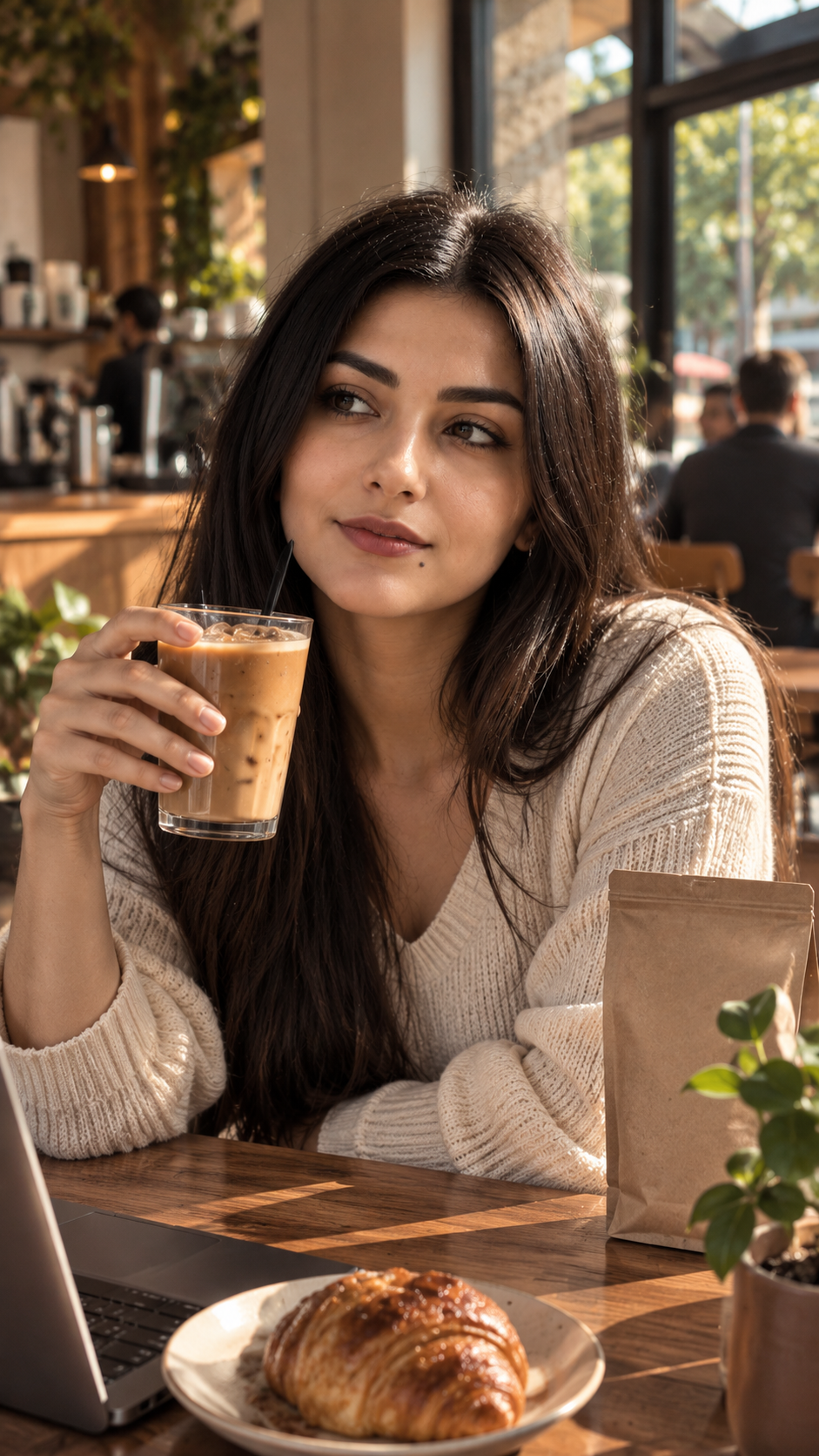 A woman holding an iced coffee in a sunlit café, croissant on the table.